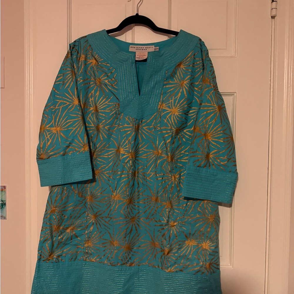 Gretchen Scott Designs Turquoise and Gold Long Sleeve Cover Up Dress